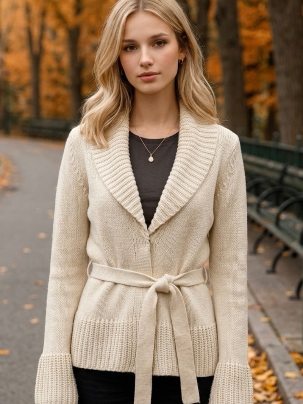 Reserved Ecru Cream 50% Cotton Knit Belt Cottagecore Sweater Cardigan-M